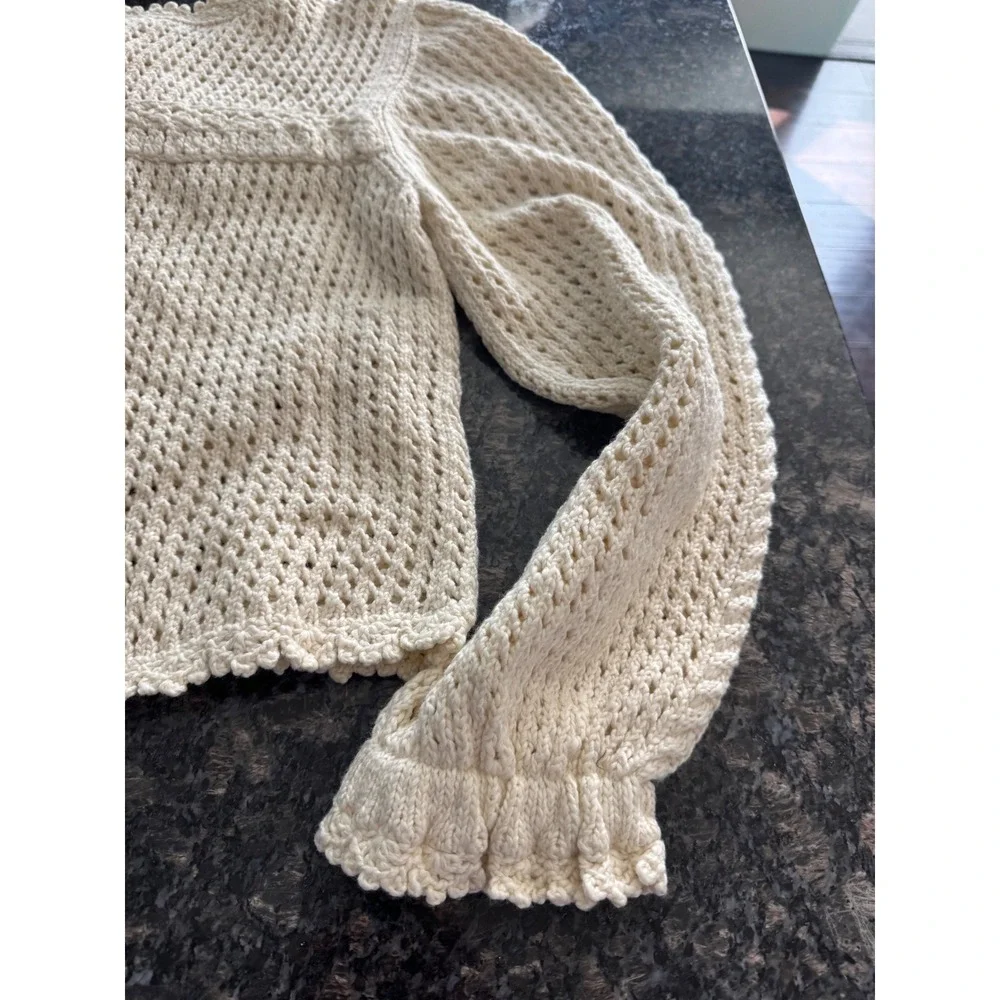 Cinq a Sept Ivory Crochet Cardigan Scalloped Open Knit Button Sweater NWT Sz L